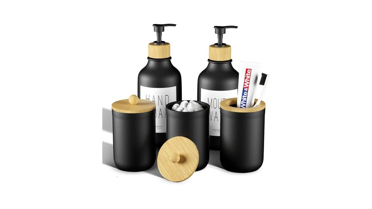 Vitviti 5pcs Bathtoom Accessories Set, Matte Black Mouthwash Soap Dispenser,