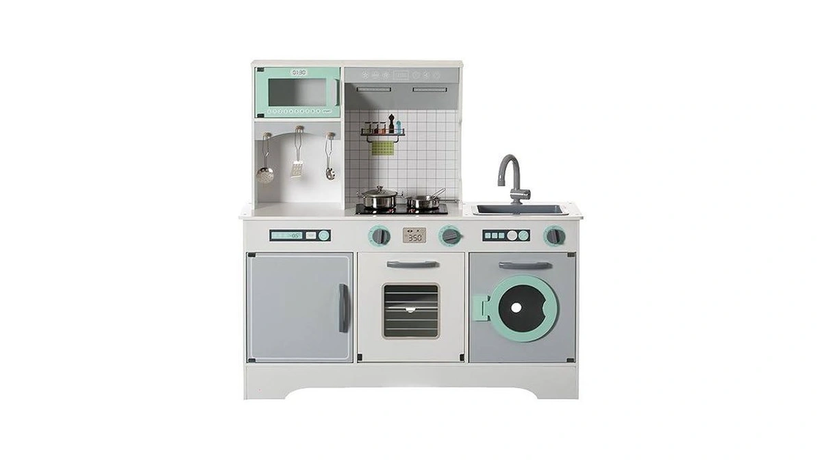Gardenised Wooden Play Kitchen Toy, Light On Microwave, Cabinet, Washer,