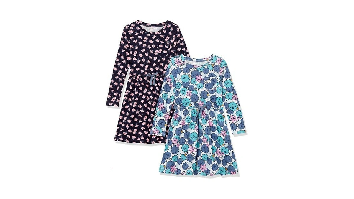 Amazon Essentials Girls' Long-sleeve Elastic Waist T-shirt Dress, 2-pack Blue