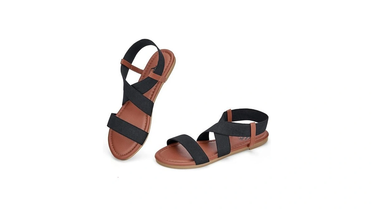 Trary Women's Flat Sandals, Comfortable Elastic Strappy Sandals, Round Toe