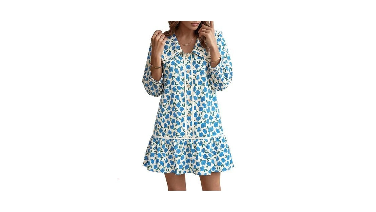 Wenrine Womens Casual Shirt Dresses 3/4 Long Sleeve Floral Button