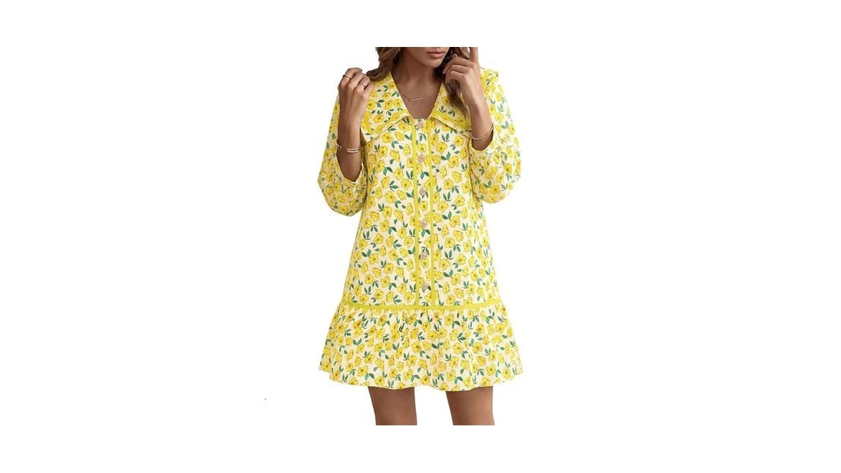Wenrine Womens Casual Shirt Dresses 3/4 Long Sleeve Floral Button