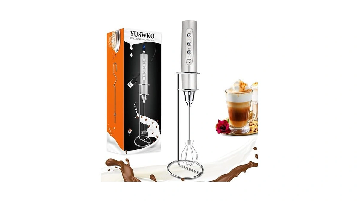 Yuswko Silver Rechargeable Milk Frother For Coffee With Stand, Handheld