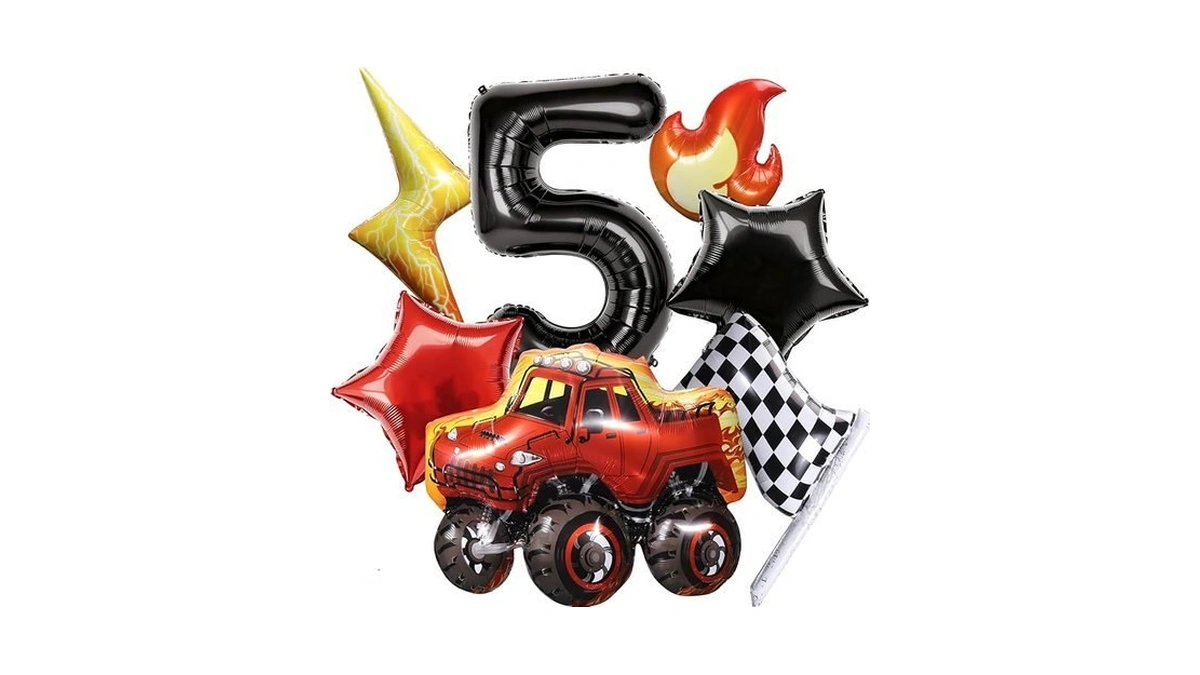 Truck Number 5 Balloons, Huge Truck Flags Lightning Flame Stars