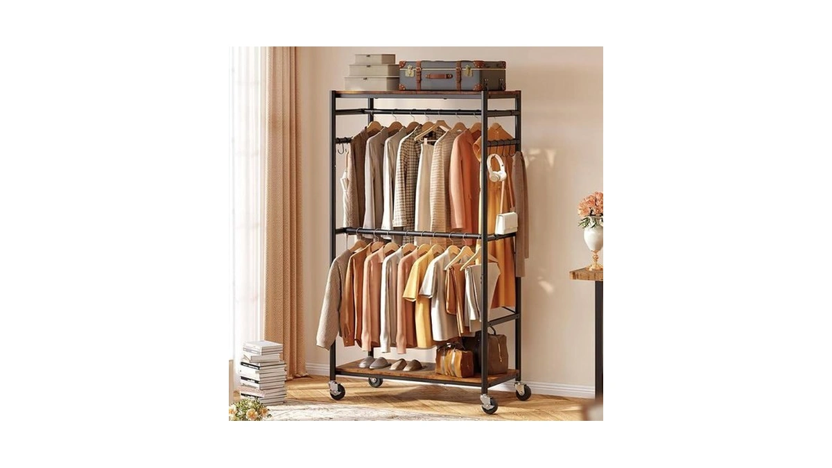 Hokeeper Heavy Duty Rolling Clothes Rack, Metal Closet Organizer With