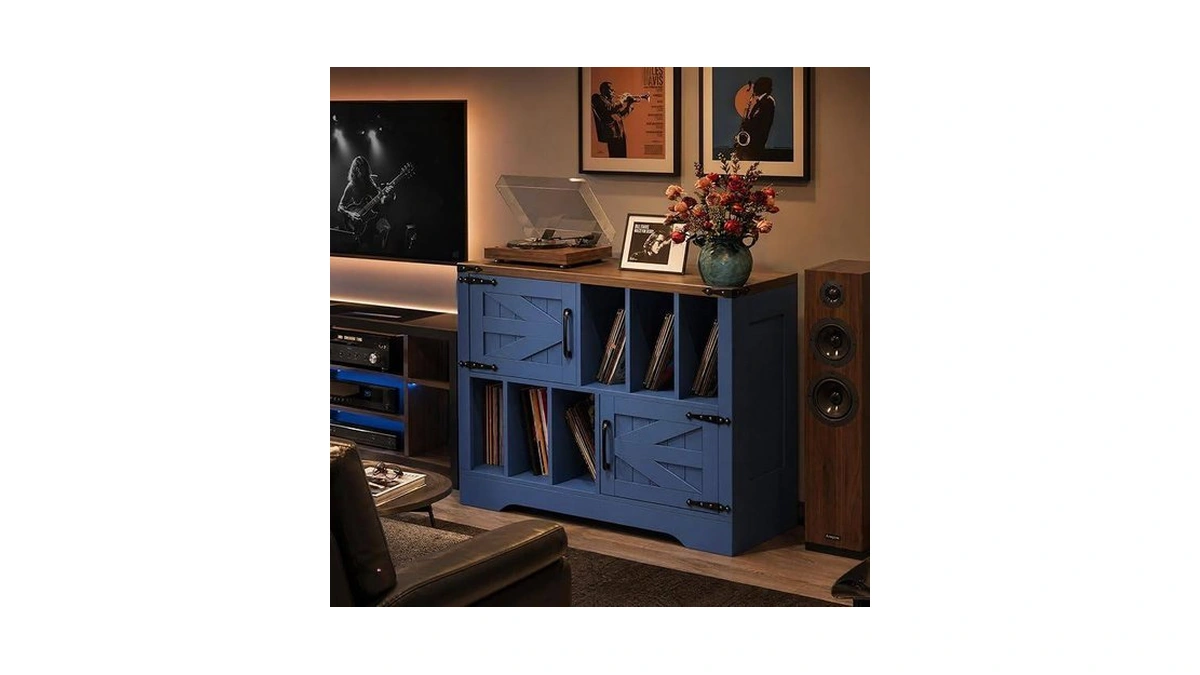 39in Large Record Player Stand With Vinyl Storage, Farmhouse Wood