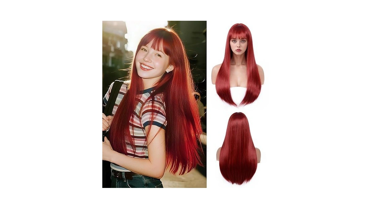 Bkiyyi Red Wig With Bangs For Women Long Straight Burgundy