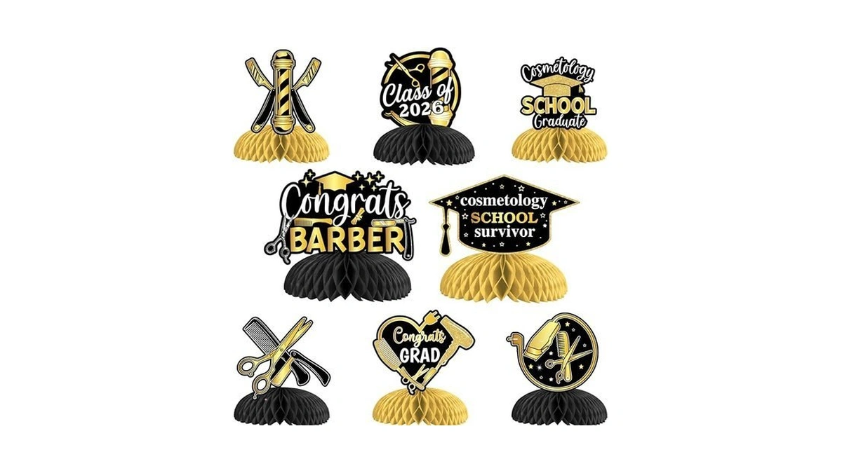 Kreat4joy Cosmetology Graduation Decorations 2026 Black Gold, 8pcs Barber Graduation
