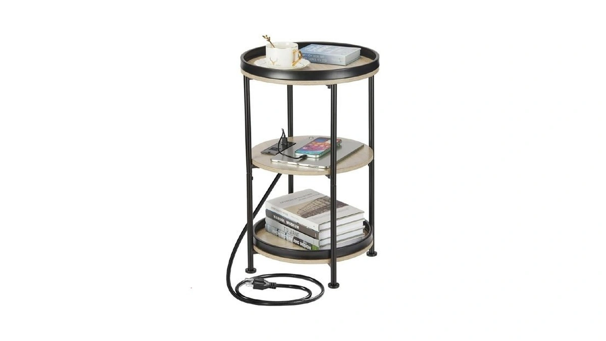 Dulcii Round Side Table With Charging Station, End Table With
