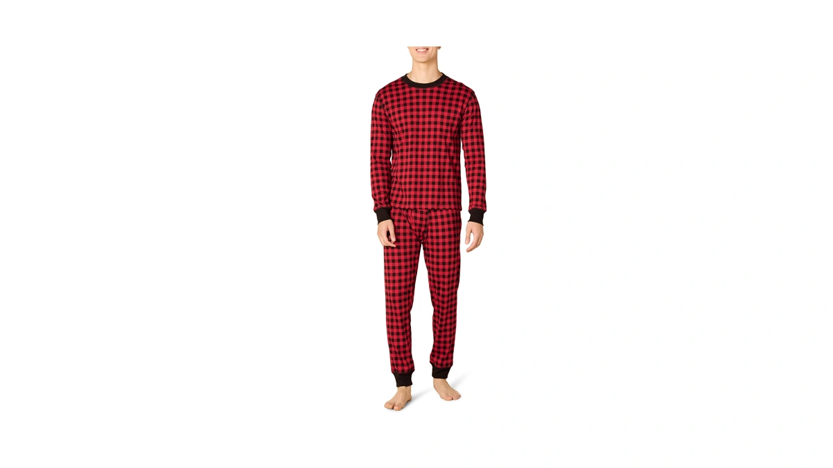 Amazon Essentials Men's Knit Pajama Set, Classic Buffalo Check, Small