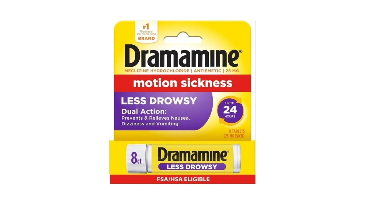Dramamine Motion Sickness Less Drowsy, Travel Vial, Multicolor, 8 Count