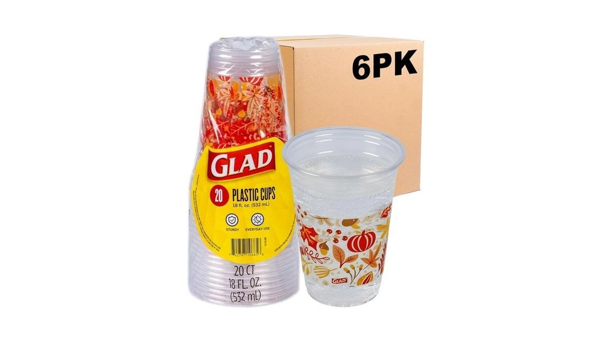 Glad Everyday Clear Plastic Cups With Fall Leaf Print -