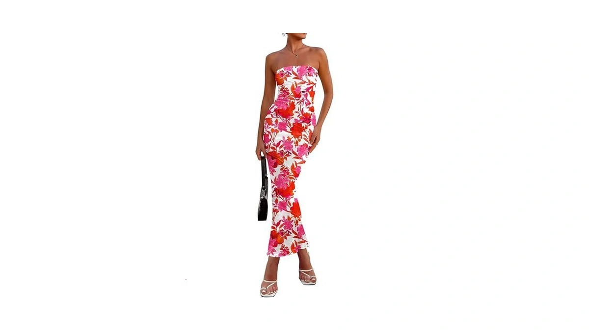 Prettygarden Women's 2026 Summer Floral Bodycon Maxi Dresses Ribbed Strapless
