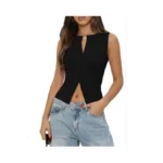 Gleeneat Womens Black Button Down Up Going Out Sleeveless Ribbed