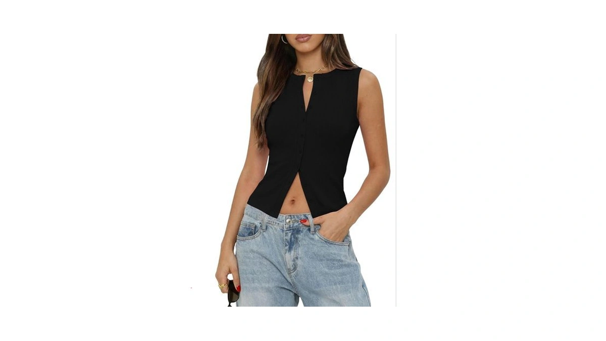 Gleeneat Womens Black Button Down Up Going Out Sleeveless Ribbed
