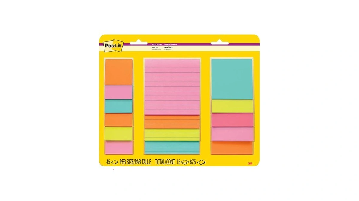 Post-it Super Sticky Notes, 15 Sticky Note Pads, Multi-size., School