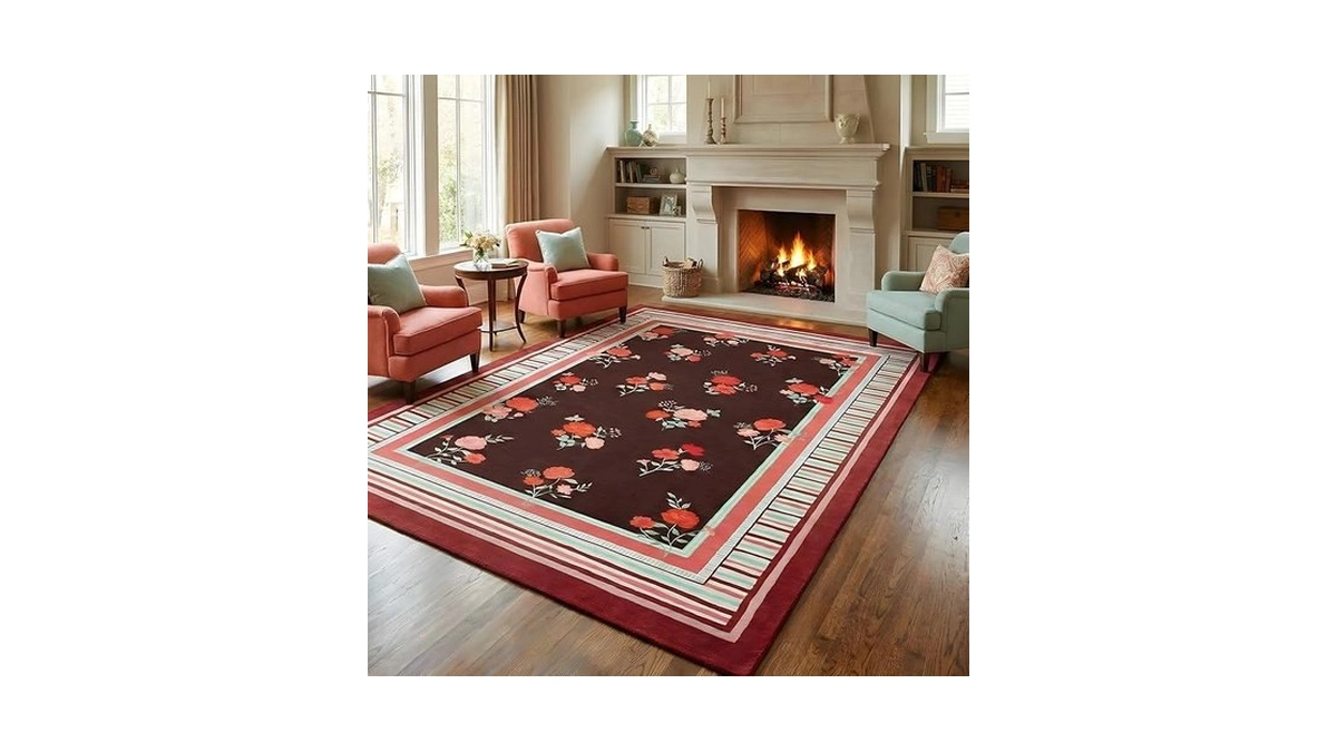 Garveehome Red 5x7 Area Rug, Vintage Floral Design, Machine Washable