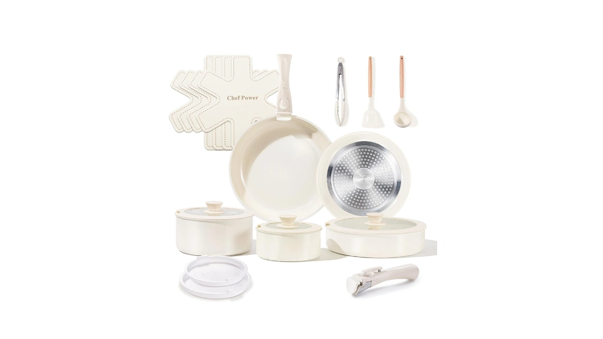 Chef Power Ceramic Cookware Set Non Toxic With Detachable Handles,