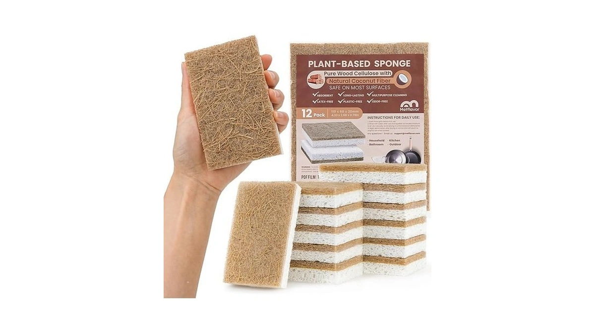 Metflavor 12 Pack Natural Kitchen Sponges, Biodegradable Non-scratch Cellulose Sponge