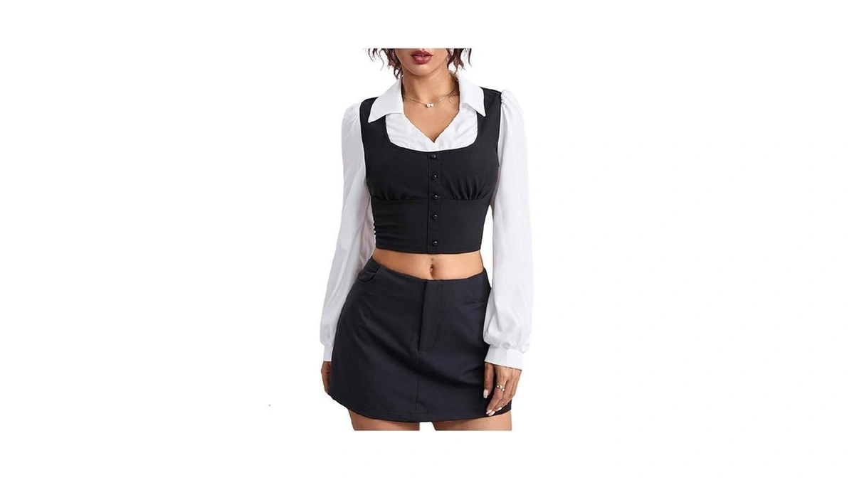 Makemechic Women's Collared Long Sleeve Crop Blouse Colorblock Office Work