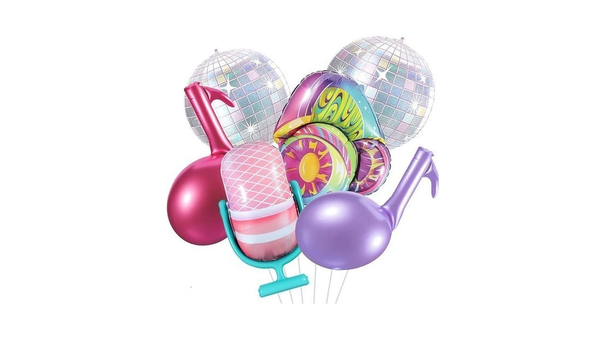 6 Pcs Pink Purple Music Note Balloons, Huge Iridescent Disco