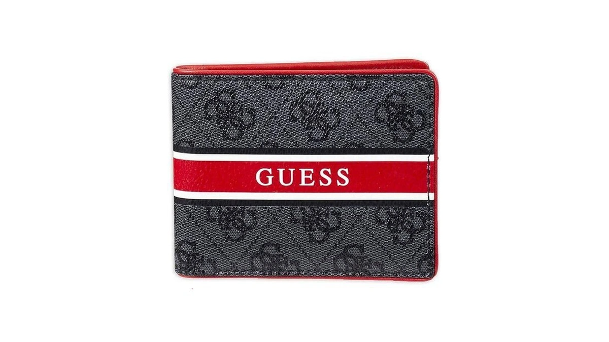 Guess Men's Leather Slim Bifold Wallet, Charcoal/red, One Size