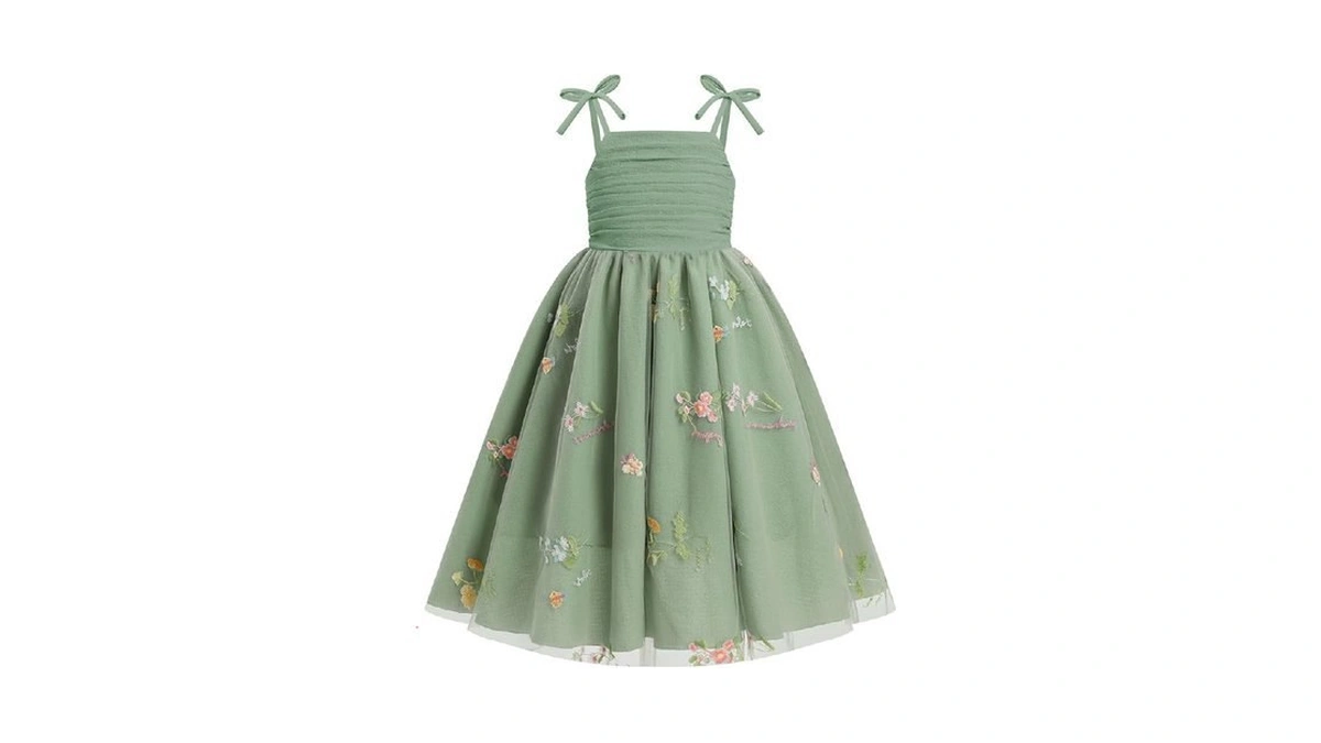 Eulimene Flower Girl Dress Floral Embroidery Tulle Dress Spaghetti Strap