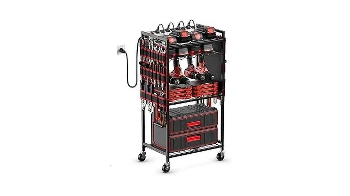 Junnuj Large Power Tool Organizer Cart With Charging Station, Garage