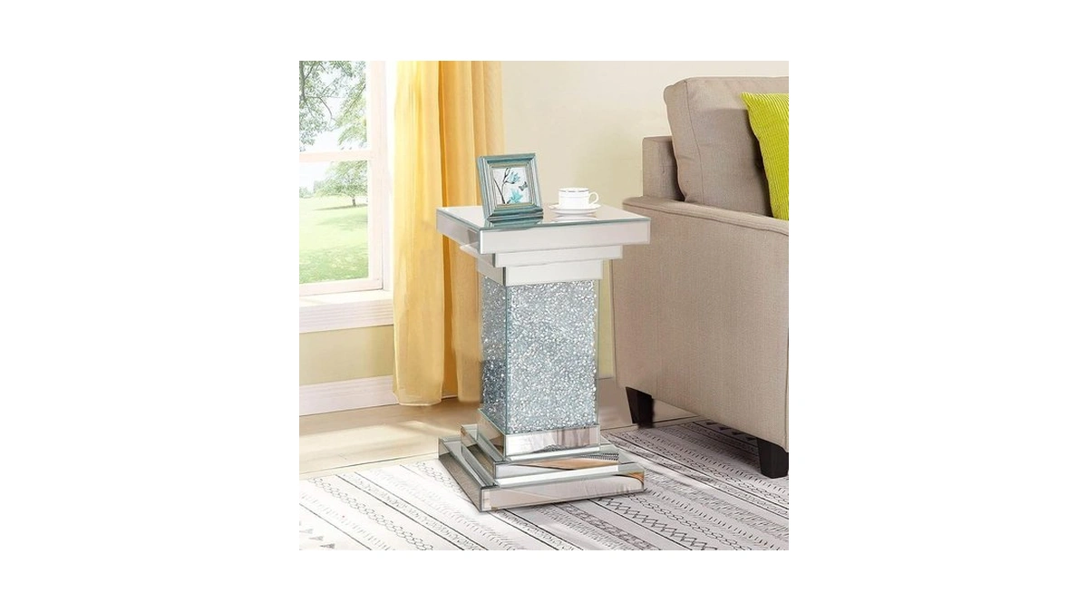 Pregaspor Silver Mirrored End Table, Square Side Table With Crystal