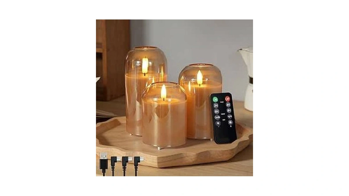 Rechargeable Glass Jar Flameless Candles, Realistic Flickering Led Pillar Real