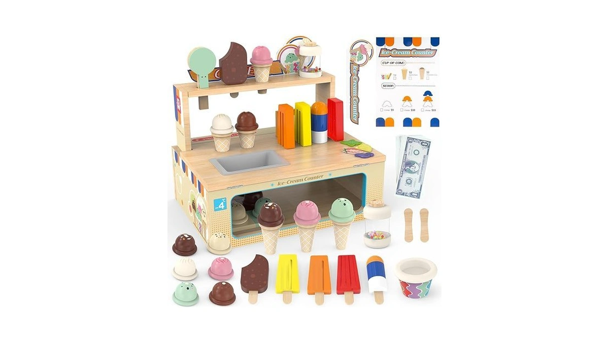 Foldable Wooden Ice Cream Toy Set Pretend Play Food Store