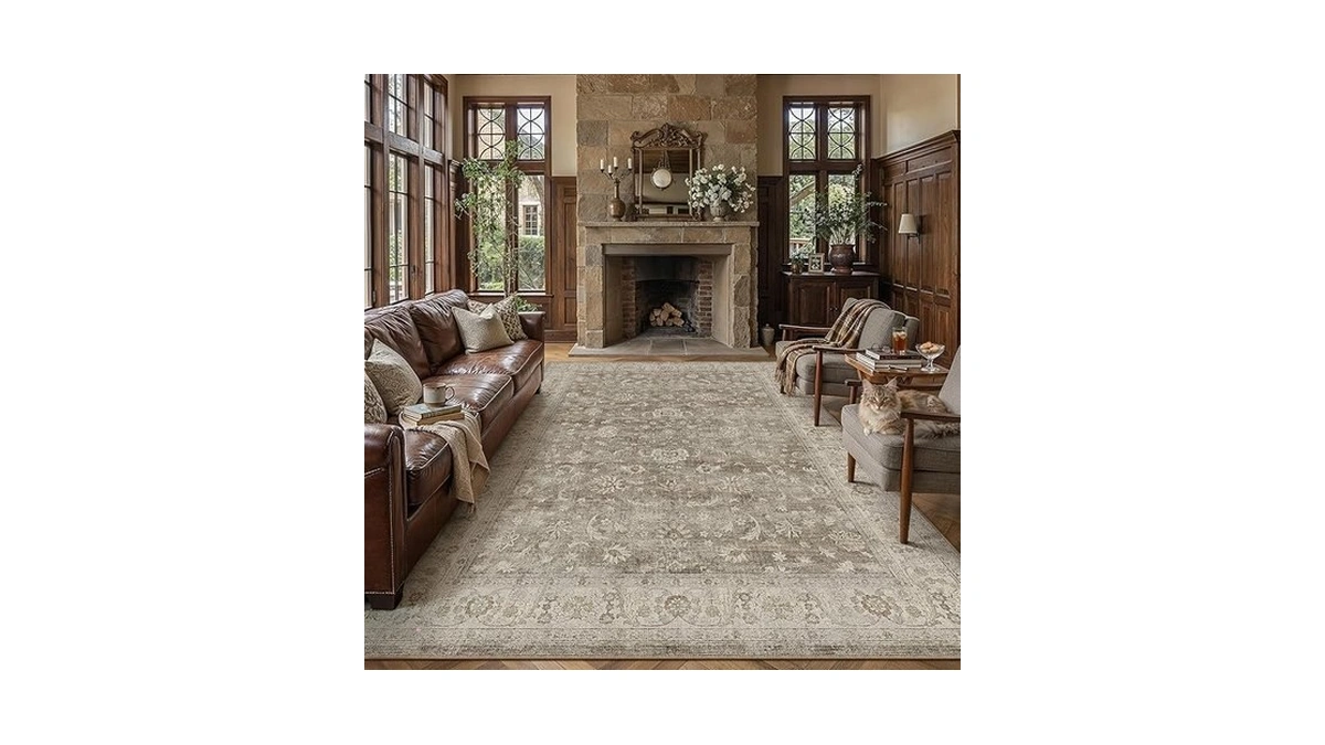 Purecozy 9x12 Washable Living Room Area Rug Brown Gray Vintage