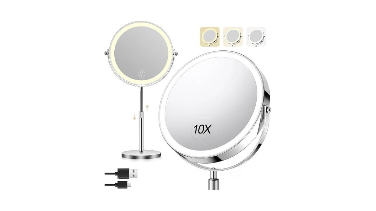 8.5" Lighted Makeup Mirror, 3000 Mah Rechargeable Double Sided Magnifying
