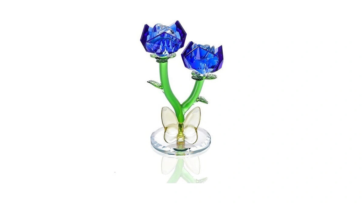 Longwin Crystal Blue Rose Flower Figurines Glass Spring Bouquet Flowers
