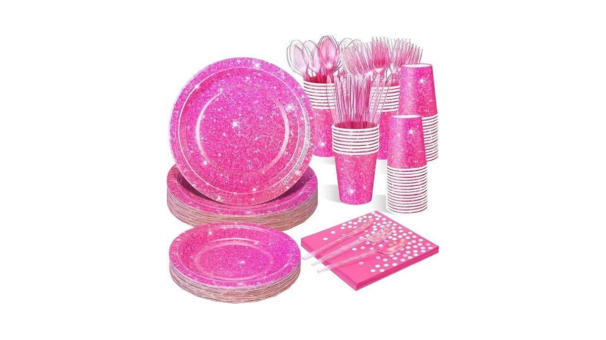 Hushee 175 Pcs Hot Pink Holographic Print Party Supplies Guests