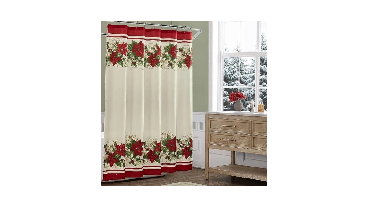Elrene Home Fashions Christmas Red And White Poinsettias Fabric Bathroom