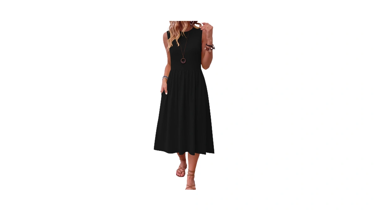 Hotouch Black Dress Women Sleeveless Floral A-line Midi Tank Dress