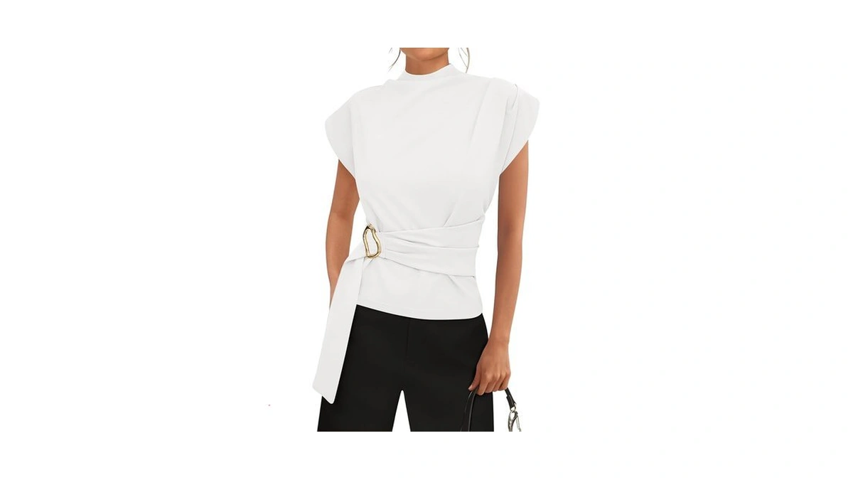 Prettygarden Women Blouses Spring Dressy Cap Sleeve Mock Neck Work