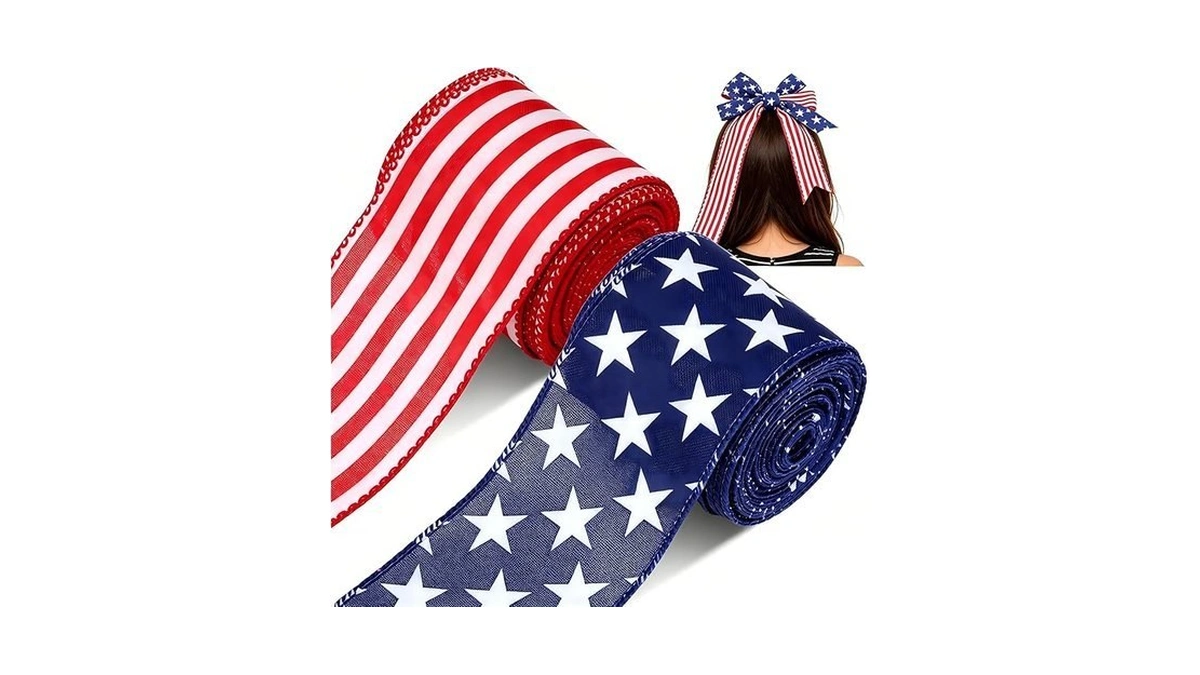 2 Rolls Patriotic Wired Ribbon, 20 Yards Red White And