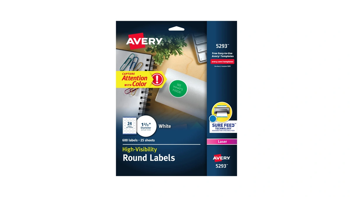 Avery Round Printable Labels, 1-2/3" Diameter, Matte White, Sure Feed