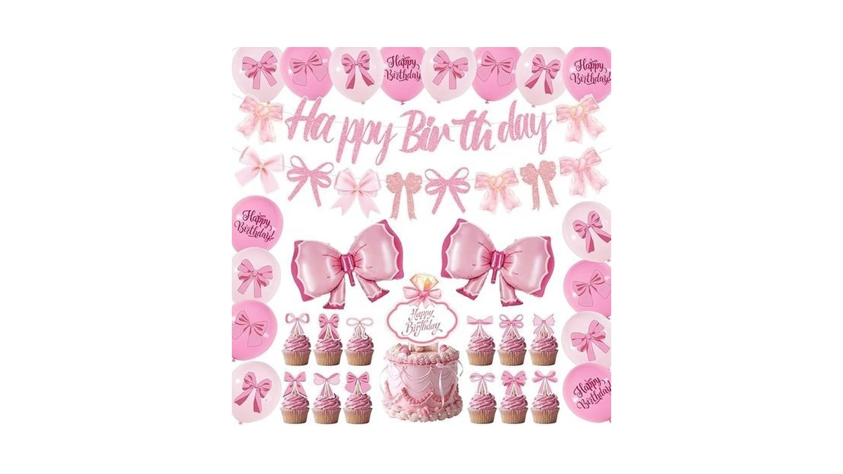 Pink Bow Party Decorations Birthday Party Decor With Balloons Hanging