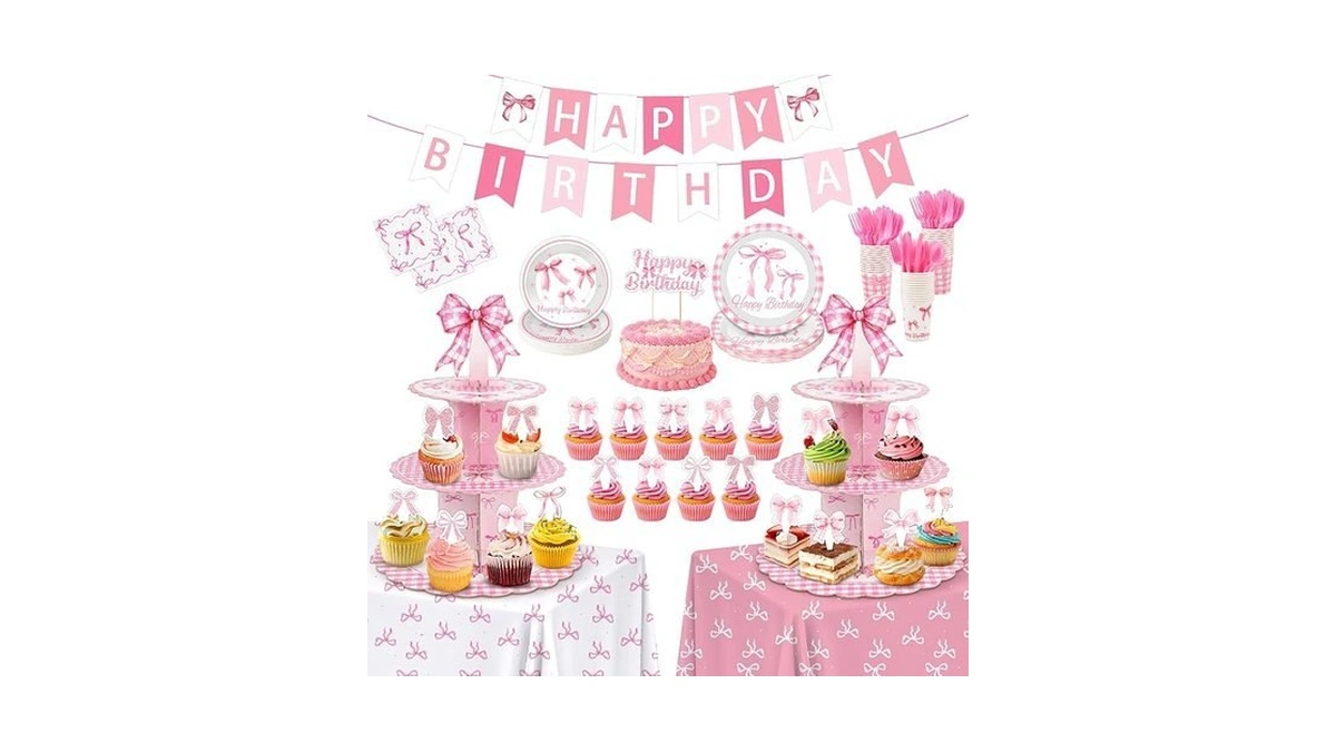 Pink Bow Birthday Party Decorations Serve 24, Coquette Party Supplies