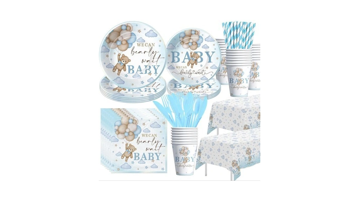 Suhelkit Bear Baby Shower Decorations Boy Tableware - Blue Bear