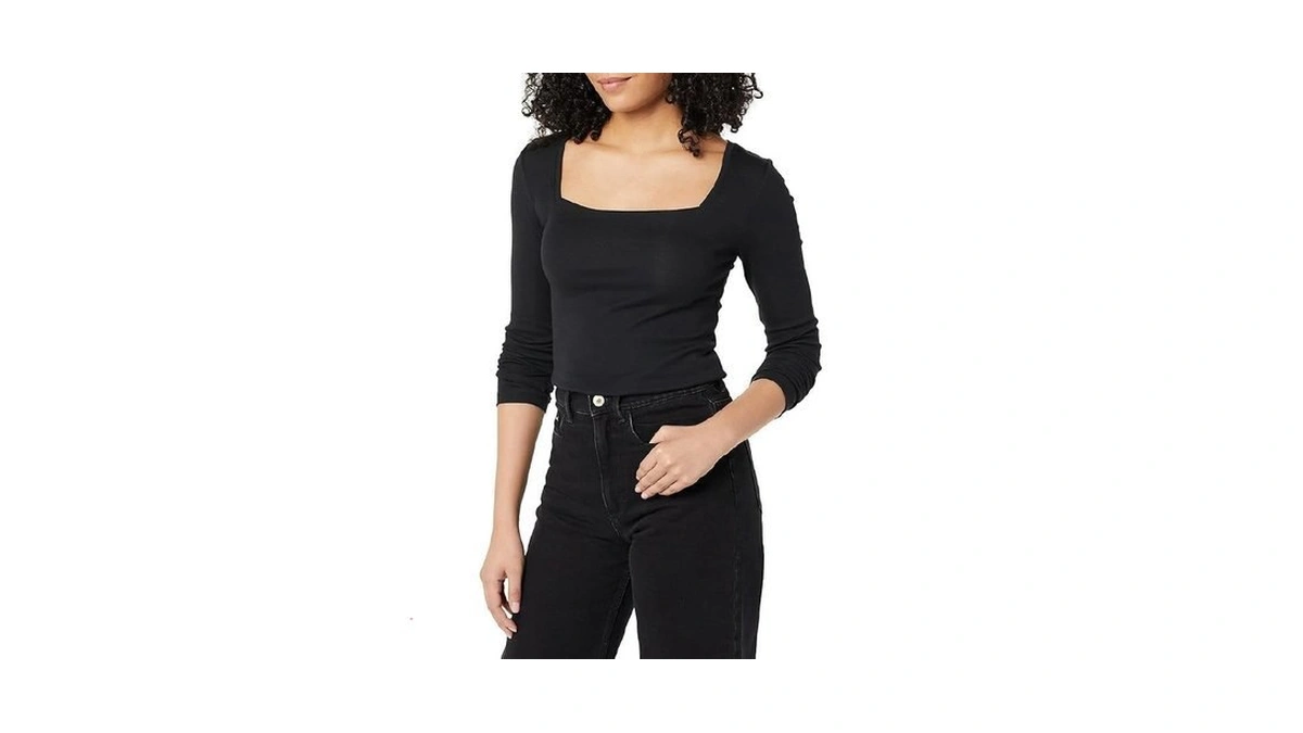 Amazon Essentials Women's Slim-fit Long Sleeve Square Neck T-shirt, Black,