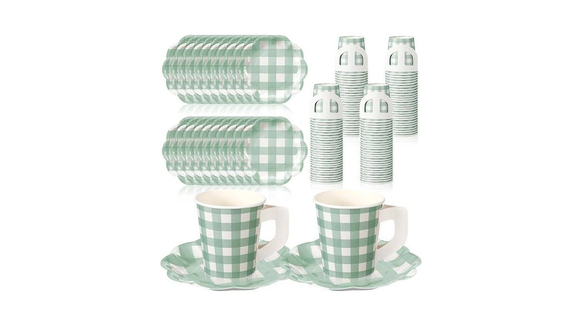 Foldtier 100 Pcs Green Gingham Tea Party Plates And Cups