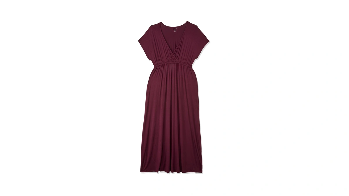 Amazon Essentials Women's V Neck Short Sleeve Waisted Maxi Dress