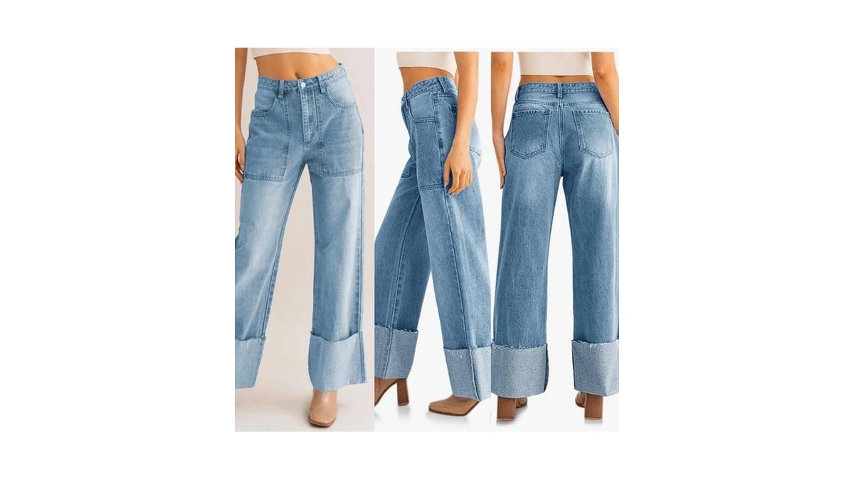 Plnotme Womens Baggy Cuffed Jeans Casual Straight Leg Boyfriend Denim