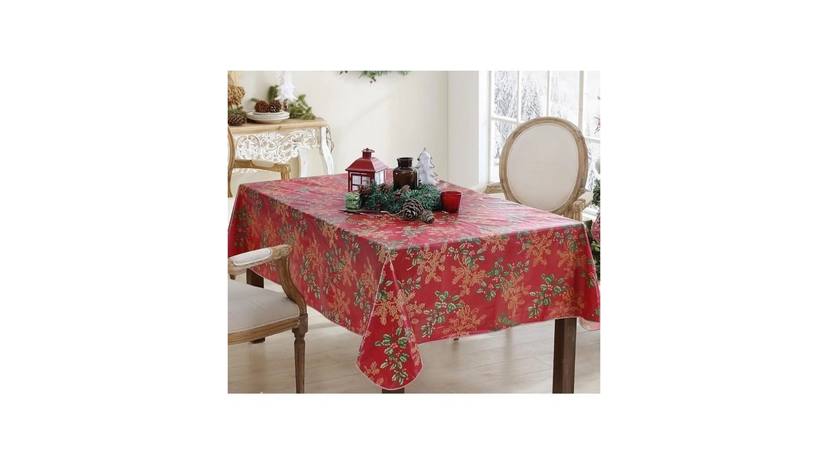 Newbridge Red Golden Holly Christmas Vinyl Tablecloth With Flannel Backing,