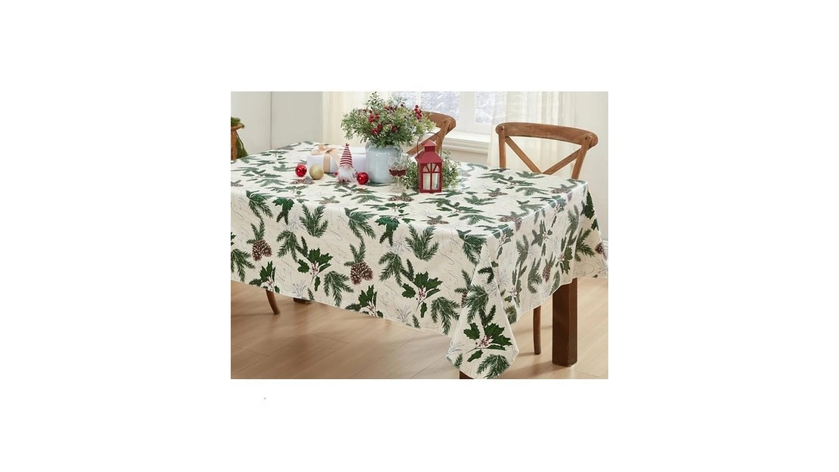 Newbridge Joyful Holly Rustic Christmas Vinyl Tablecloth With Flannel Backing,