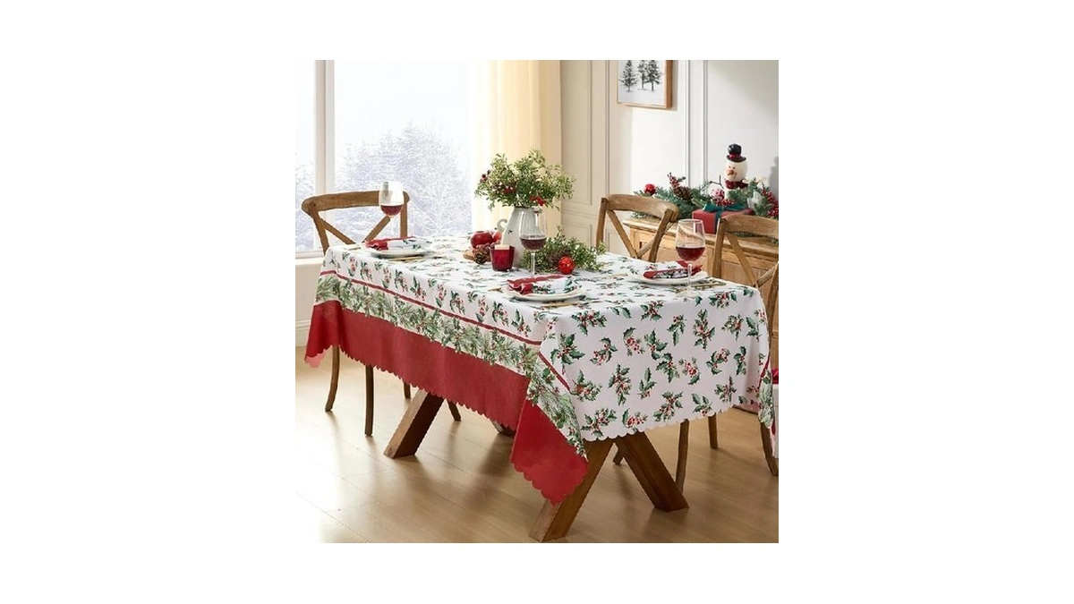 Newbridge Christmas Nature’s Poinsettia Scalloped Fabric Tablecloth, Holly, Berries And